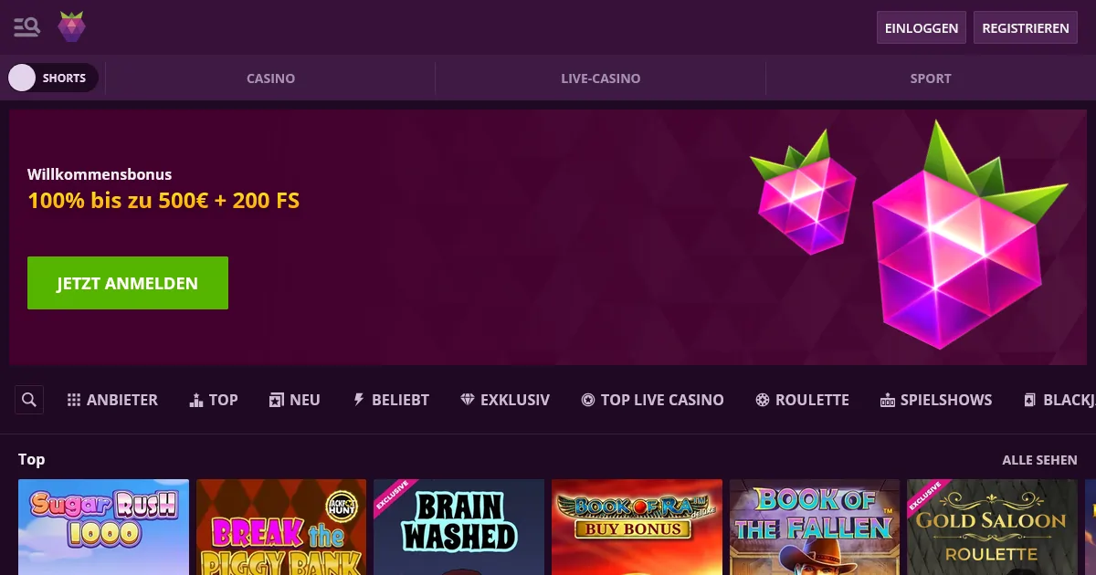 Malina Casino Interface - Willkommensbonus 100% bis zu 500€ + 200 FS